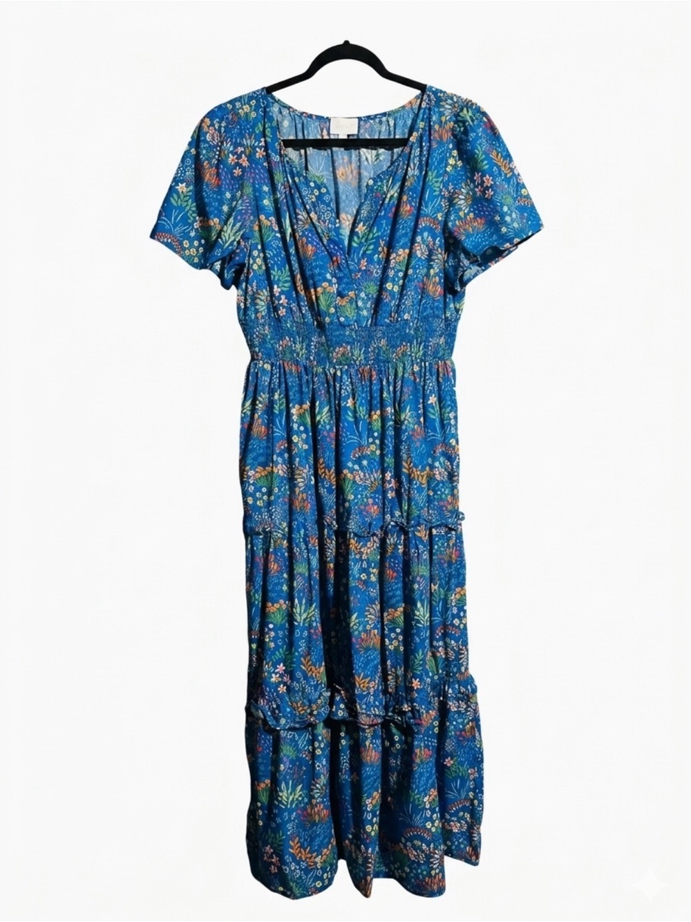 Sugarlips Ruya Floral Smocked Poplin Tiered Maxi Dress Cobalt Combo, XL
